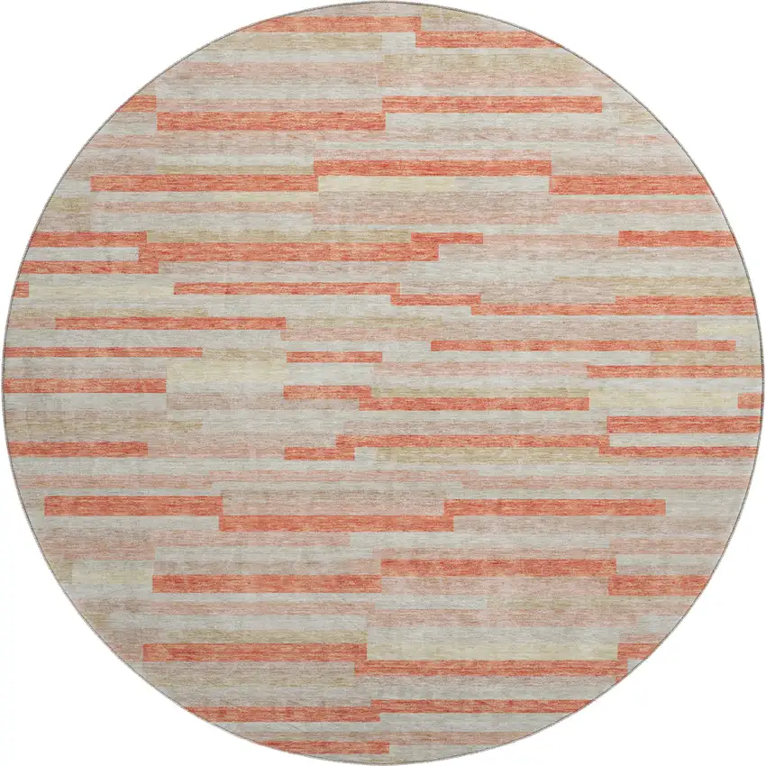 8' Salmon And Beige Striped Washable Round Rug With UV Protection Photo 1