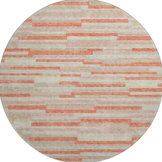 8' Salmon And Beige Striped Washable Round Rug With UV Protection Photo 4