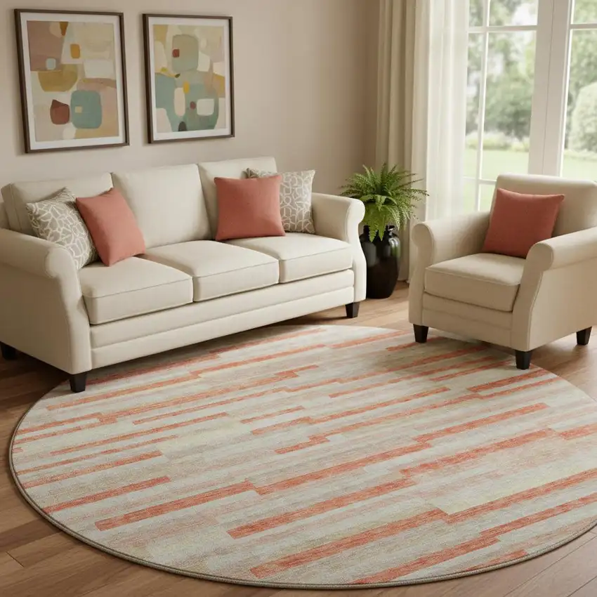 8' Salmon And Beige Striped Washable Round Rug With UV Protection Photo 1