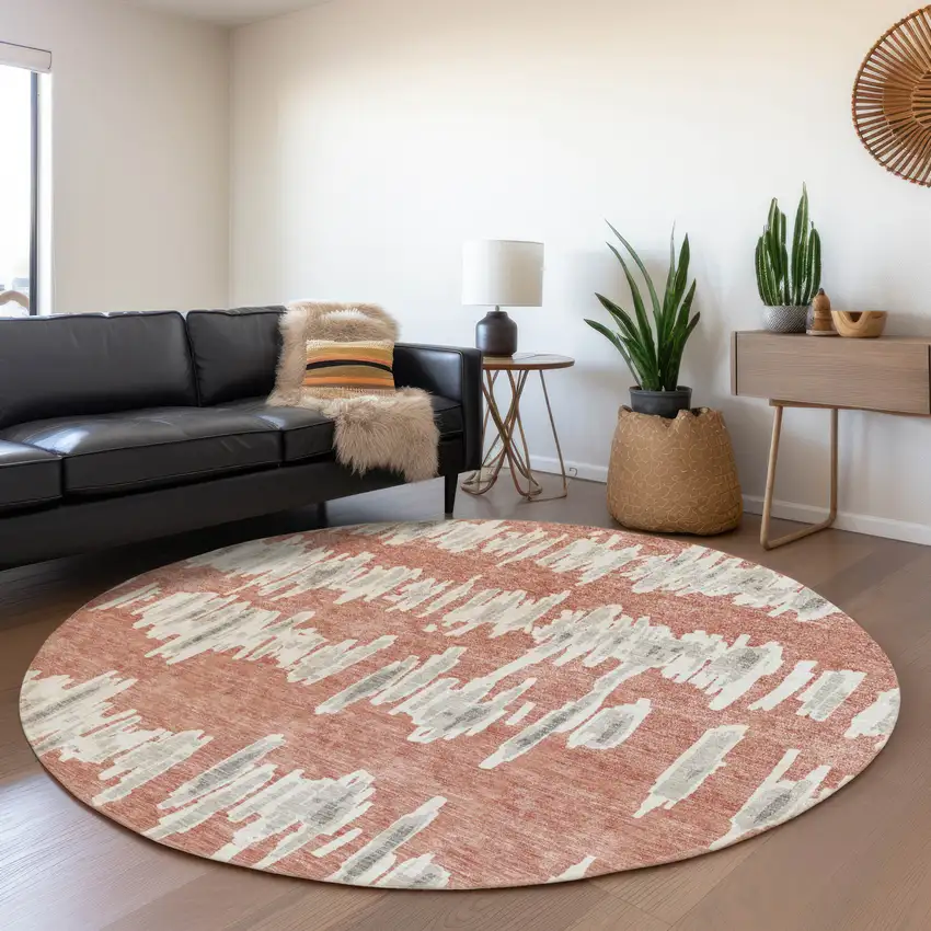 8' Salmon And Beige Striped Washable Round Rug With UV Protection Photo 5