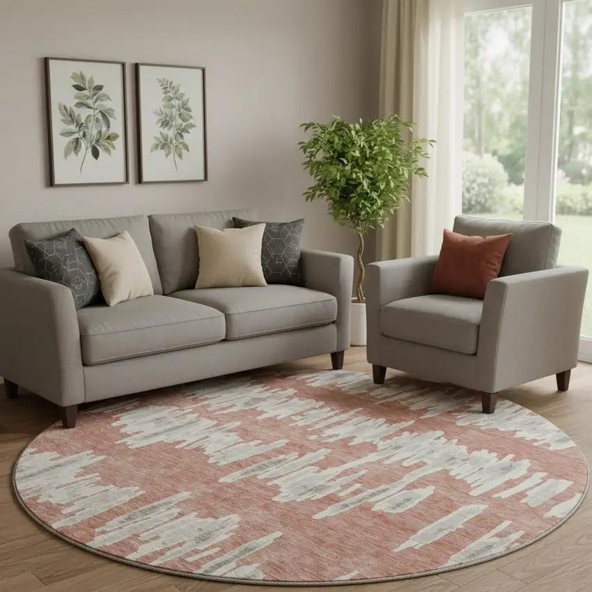 8' Salmon And Beige Striped Washable Round Rug With UV Protection Photo 1