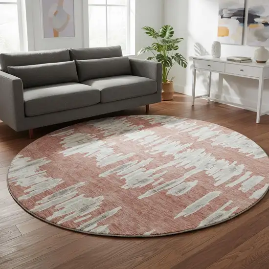 8' Salmon And Beige Striped Washable Round Rug With UV Protection Photo 2
