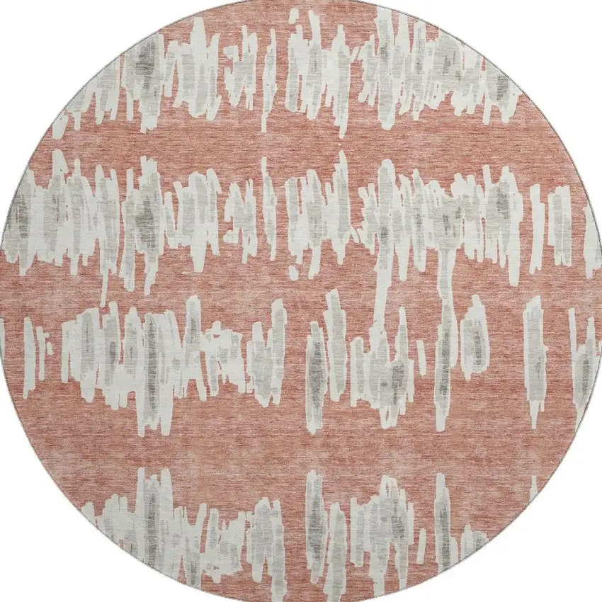 8' Salmon And Beige Striped Washable Round Rug With UV Protection Photo 4