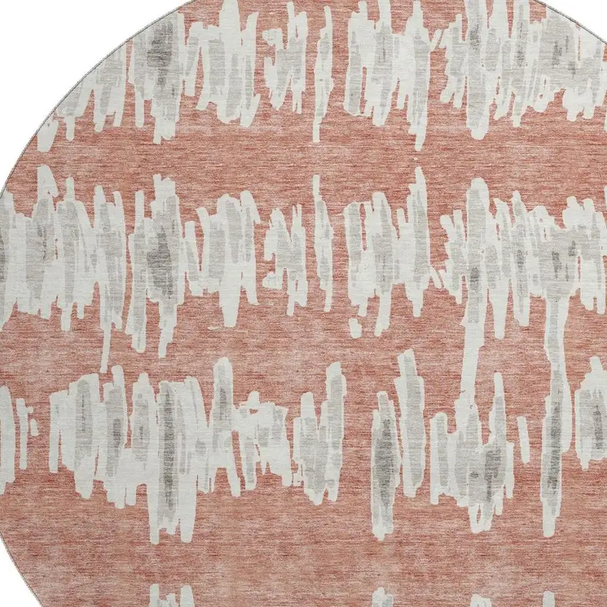 8' Salmon And Beige Striped Washable Round Rug With UV Protection Photo 3