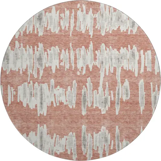 8' Salmon And Beige Striped Washable Round Rug With UV Protection Photo 1