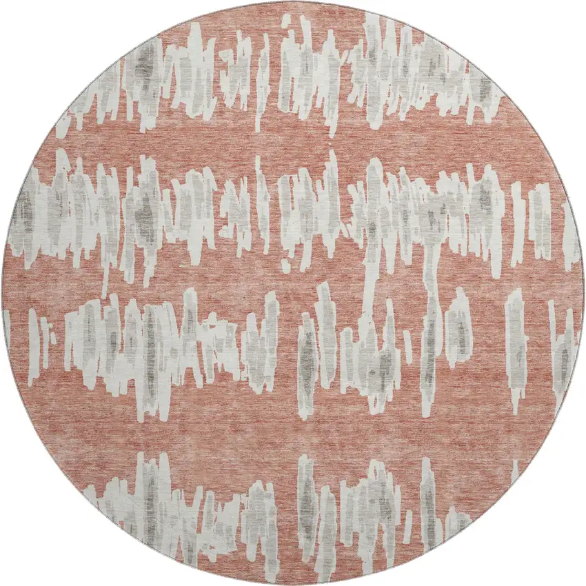 8' Salmon And Beige Striped Washable Round Rug With UV Protection Photo 1