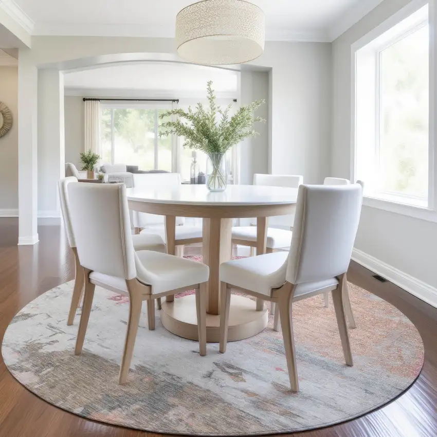 8' Salmon And Blush Round Abstract Washable Indoor Outdoor Area Rug Photo 6