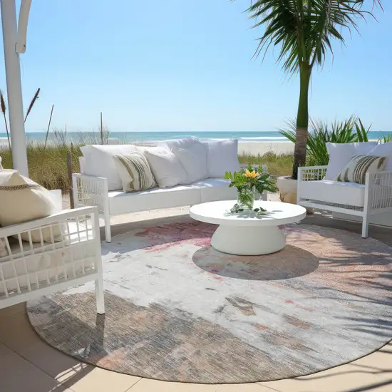 8' Salmon And Blush Round Abstract Washable Indoor Outdoor Area Rug Photo 5