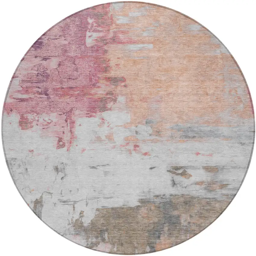 8' Salmon And Blush Round Abstract Washable Indoor Outdoor Area Rug Photo 1