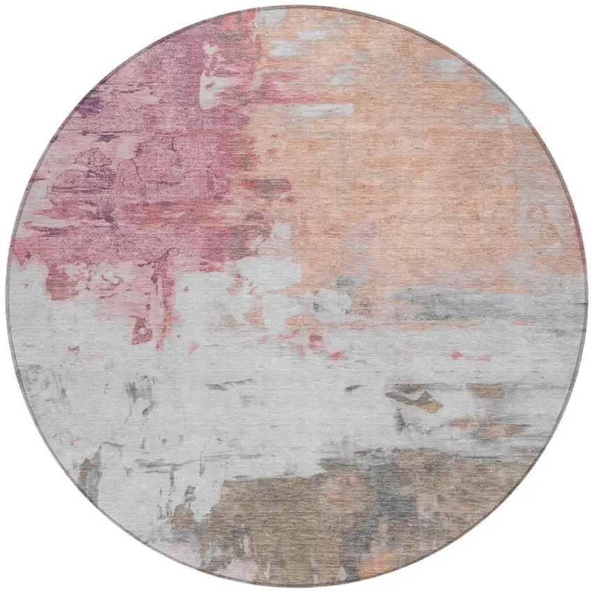 8' Salmon And Blush Round Abstract Washable Indoor Outdoor Area Rug Photo 3