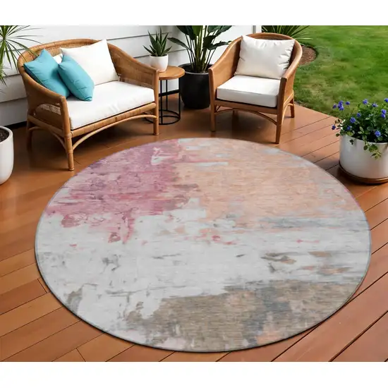 8' Salmon And Blush Round Abstract Washable Indoor Outdoor Area Rug Photo 2
