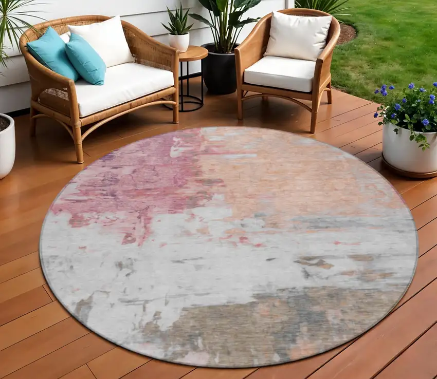 8' Salmon And Blush Round Abstract Washable Indoor Outdoor Area Rug Photo 2