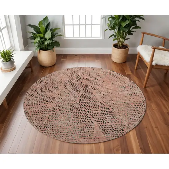 8' Salmon And Charcoal Diamond Washable Round Rug With UV Protection Photo 2