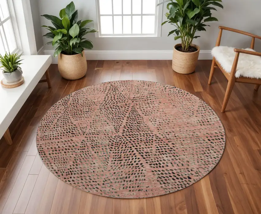 8' Salmon And Charcoal Diamond Washable Round Rug With UV Protection Photo 2