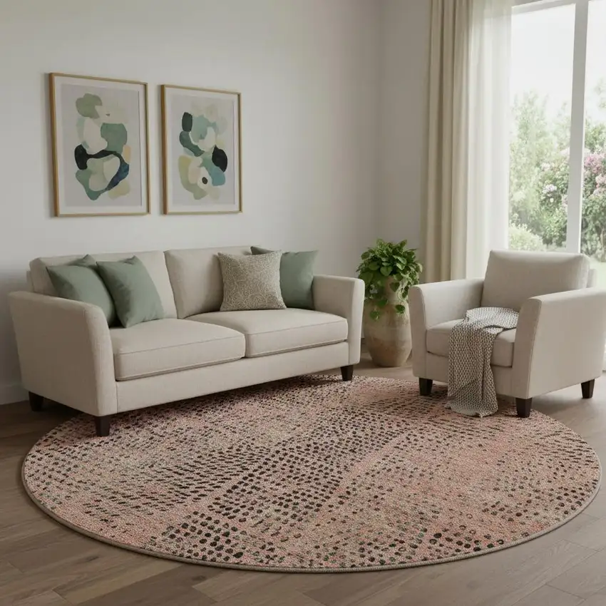 8' Salmon And Charcoal Diamond Washable Round Rug With UV Protection Photo 1