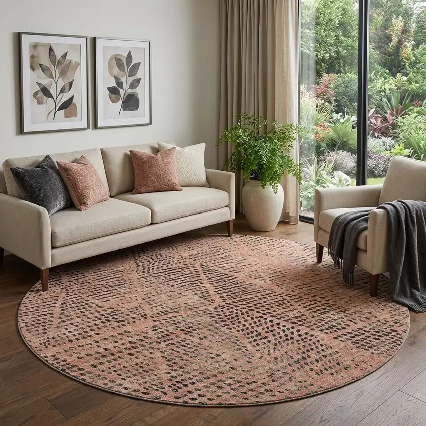 8' Salmon And Charcoal Diamond Washable Round Rug With UV Protection Photo 1