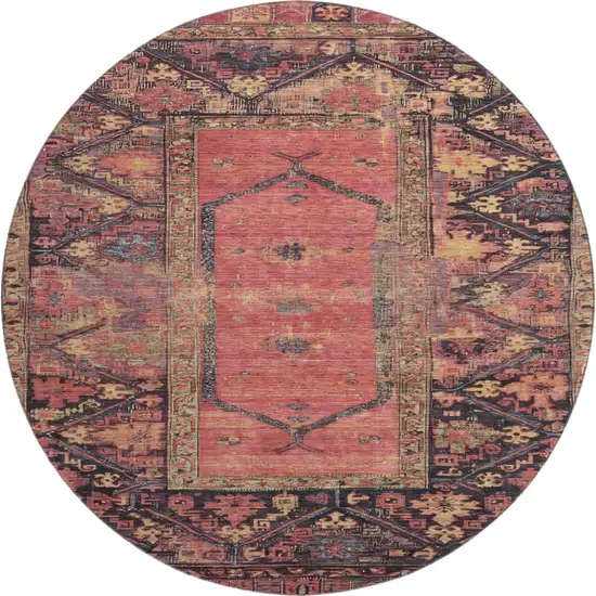 8' Salmon And Charcoal Oriental Washable Round Rug With UV Protection Photo 1
