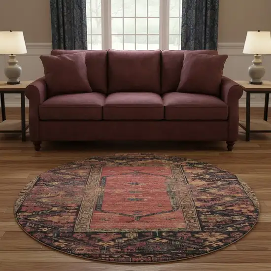 8' Salmon And Charcoal Oriental Washable Round Rug With UV Protection Photo 2