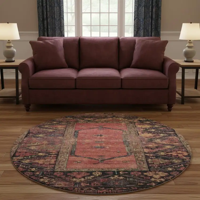 8' Salmon And Charcoal Oriental Washable Round Rug With UV Protection Photo 2