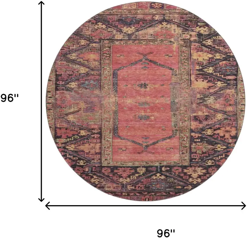 8' Salmon And Charcoal Oriental Washable Round Rug With UV Protection Photo 9