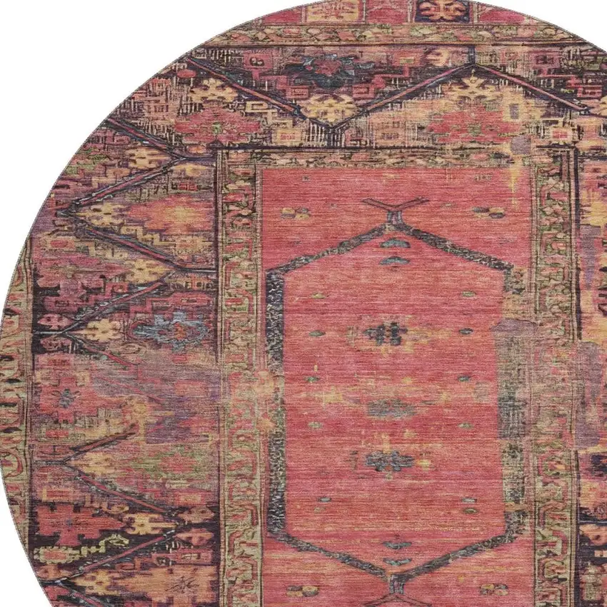 8' Salmon And Charcoal Oriental Washable Round Rug With UV Protection Photo 2