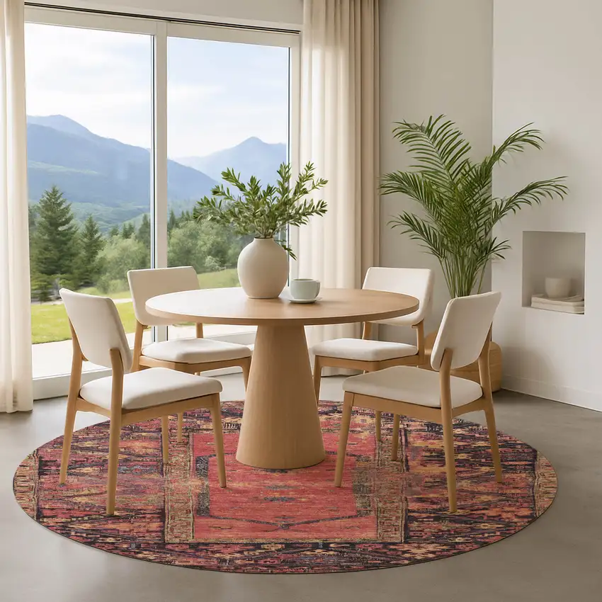 8' Salmon And Charcoal Oriental Washable Round Rug With UV Protection Photo 4