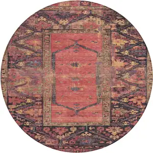 Photo of 8' Salmon And Charcoal Round Oriental Washable Indoor Outdoor Area Rug