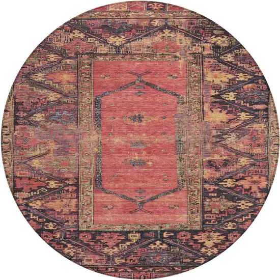 8' Salmon And Charcoal Round Oriental Washable Indoor Outdoor Area Rug Photo 1