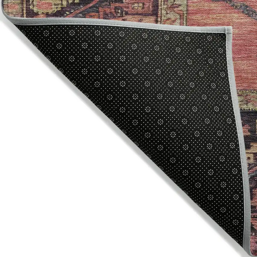 8' Salmon And Charcoal Round Oriental Washable Indoor Outdoor Area Rug Photo 9