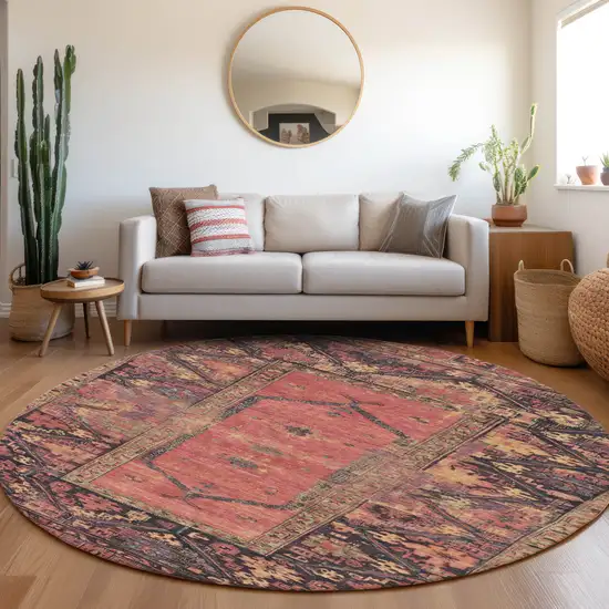 8' Salmon And Charcoal Round Oriental Washable Indoor Outdoor Area Rug Photo 6