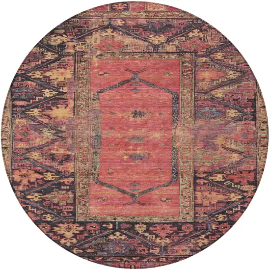 8' Salmon And Charcoal Round Oriental Washable Indoor Outdoor Area Rug Photo 4