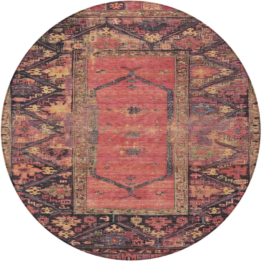 8' Salmon And Charcoal Round Oriental Washable Indoor Outdoor Area Rug Photo 4