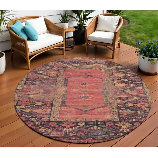 8' Salmon And Charcoal Round Oriental Washable Indoor Outdoor Area Rug Photo 2