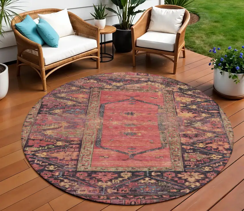 8' Salmon And Charcoal Round Oriental Washable Indoor Outdoor Area Rug Photo 2