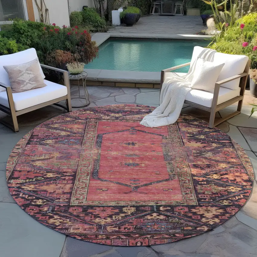 8' Salmon And Charcoal Round Oriental Washable Indoor Outdoor Area Rug Photo 5