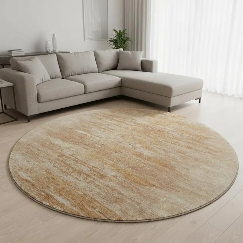 8' Salmon And Copper Abstract Washable Round Rug With UV Protection Photo 2