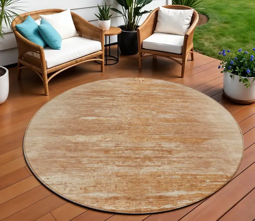 8' Salmon And Copper Round Abstract Washable Indoor Outdoor Area Rug Photo 1