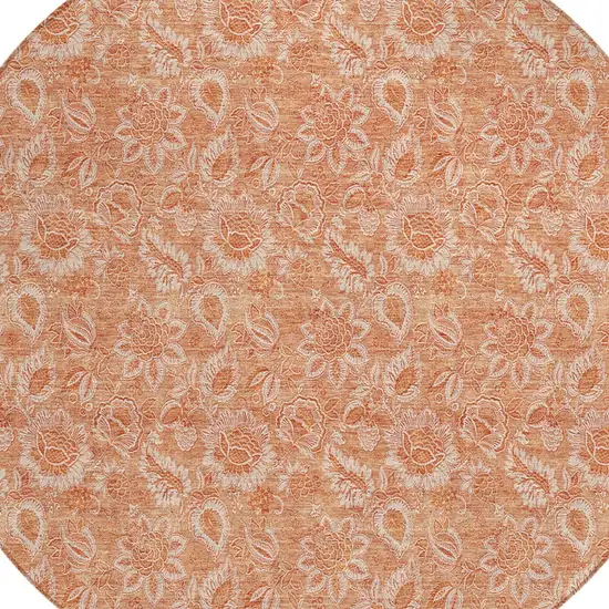 8' Salmon And Copper Round Floral Washable Indoor Outdoor Area Rug Photo 4