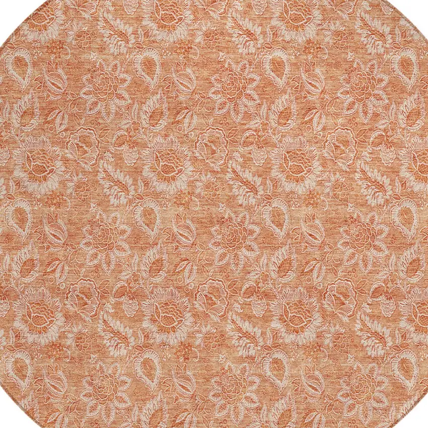 8' Salmon And Copper Round Floral Washable Indoor Outdoor Area Rug Photo 4
