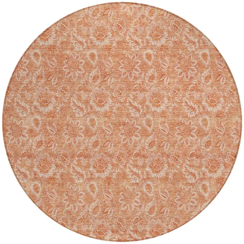8' Salmon And Copper Round Floral Washable Indoor Outdoor Area Rug Photo 5