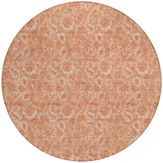 8' Salmon And Copper Round Floral Washable Indoor Outdoor Area Rug Photo 5