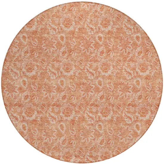 8' Salmon And Copper Round Floral Washable Indoor Outdoor Area Rug Photo 2