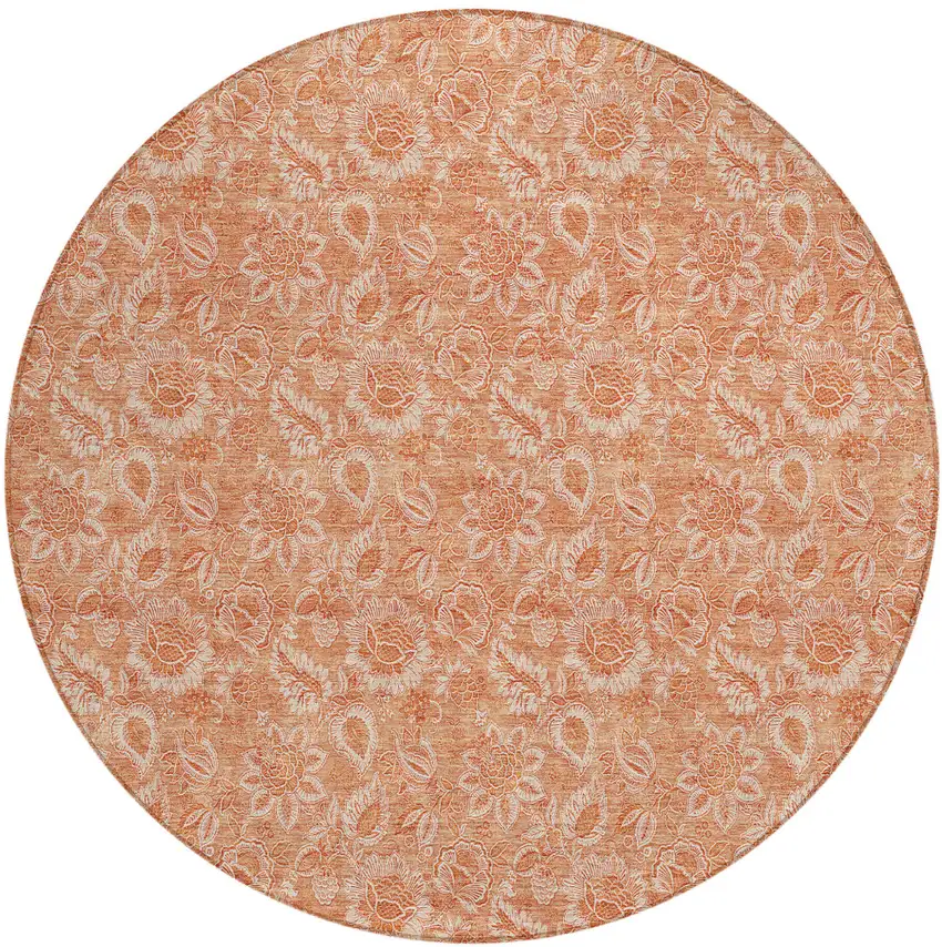 8' Salmon And Copper Round Floral Washable Indoor Outdoor Area Rug Photo 2