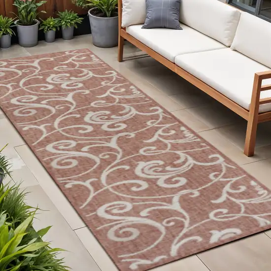 8' Salmon And Cream Floral Indoor Outdoor Runner Rug Photo 1