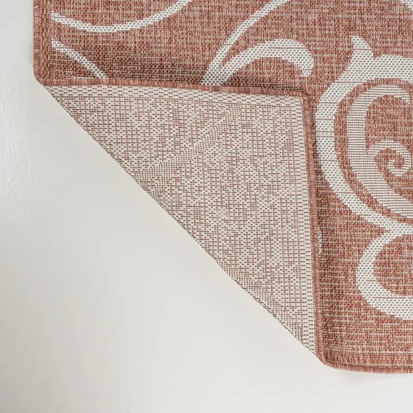 8' Salmon And Cream Floral Indoor Outdoor Runner Rug Photo 9