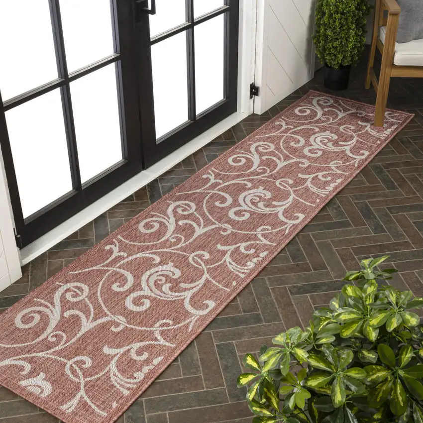 8' Salmon And Cream Floral Indoor Outdoor Runner Rug Photo 5