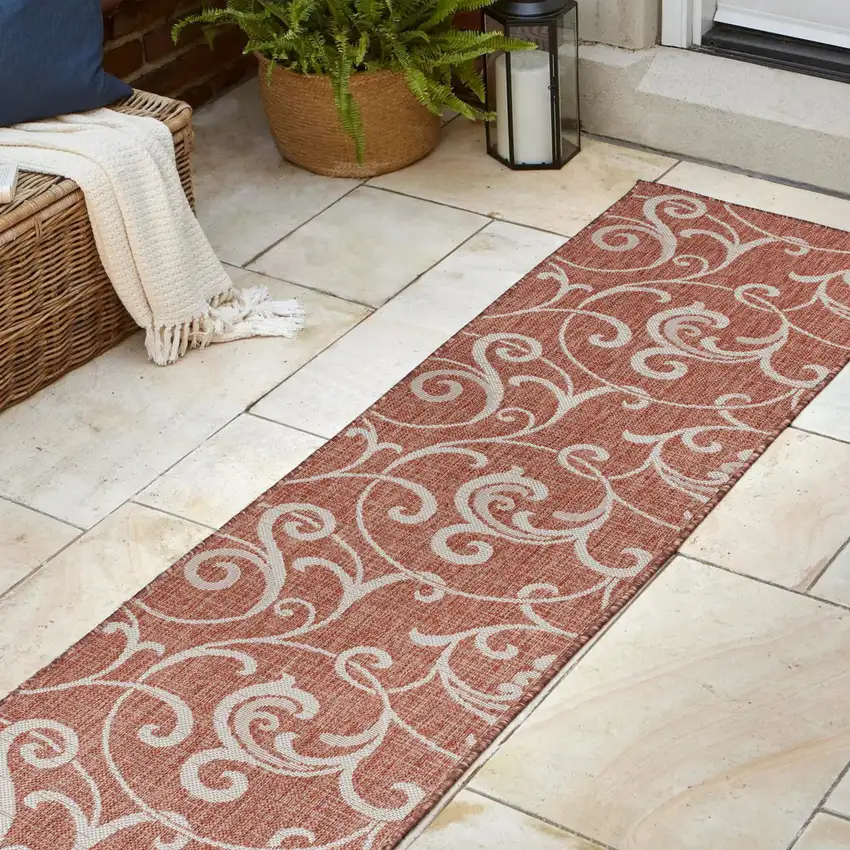 8' Salmon And Cream Floral Indoor Outdoor Runner Rug Photo 6