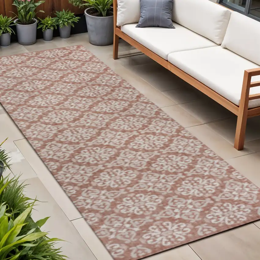 8' Salmon And Cream Floral Indoor Outdoor Runner Rug Photo 1