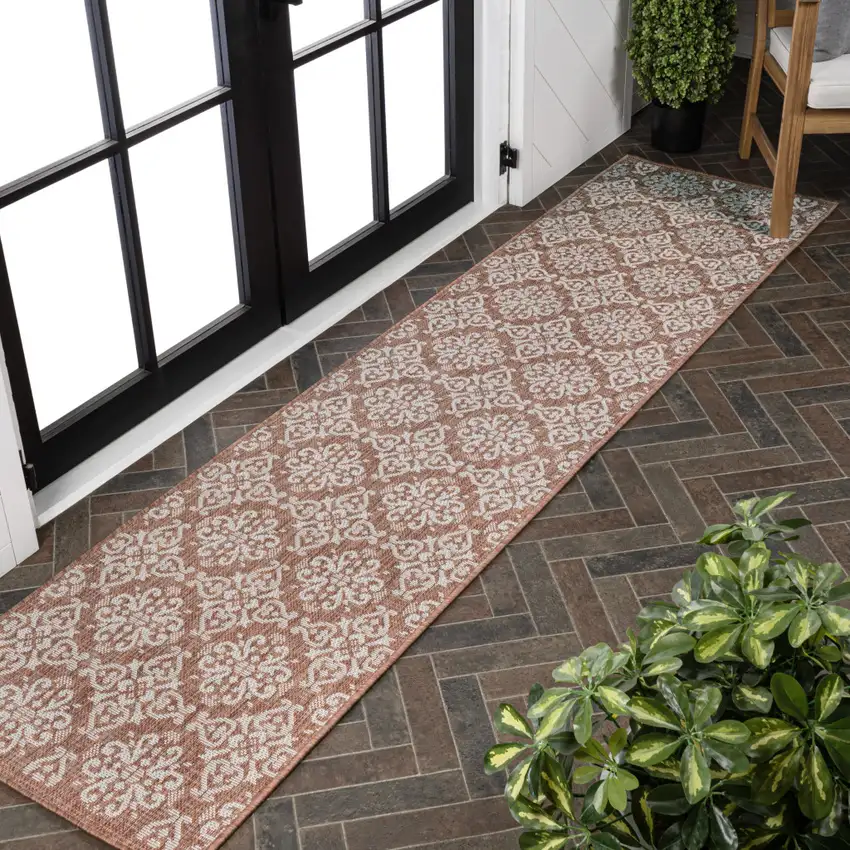 8' Salmon And Cream Floral Indoor Outdoor Runner Rug Photo 5