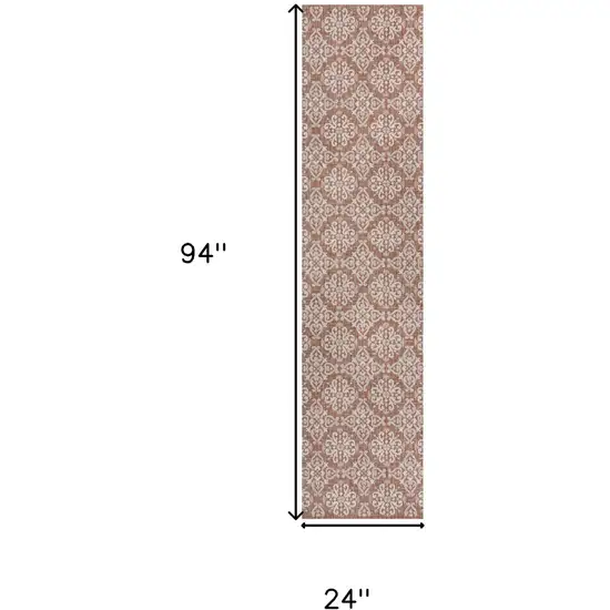 8' Salmon And Cream Floral Indoor Outdoor Runner Rug Photo 5